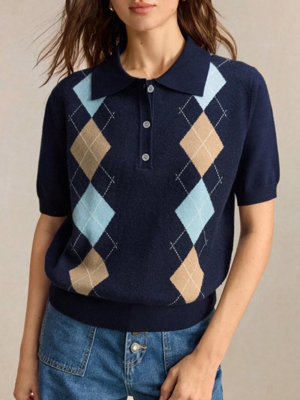 Navy Argyle Knit Polo Top with Tan & Blue Diamond Pattern